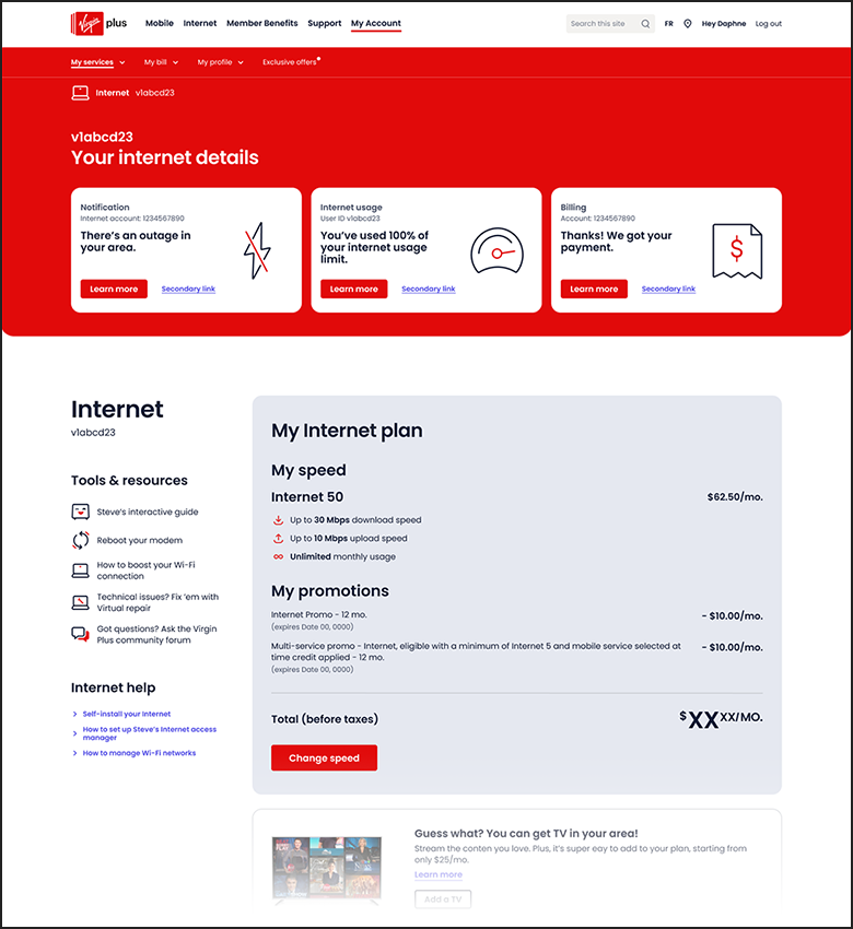 Virgin Site Redesign - My Services Landing Page detail