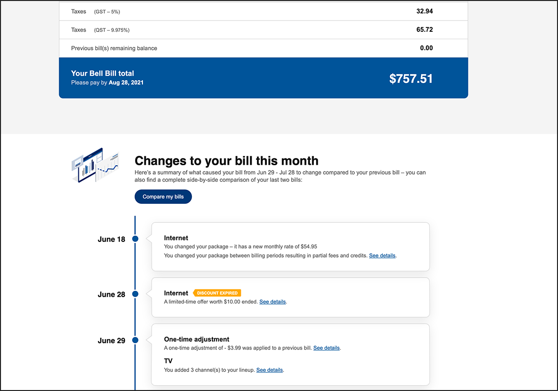 New Bell Bill detail - activity timeline