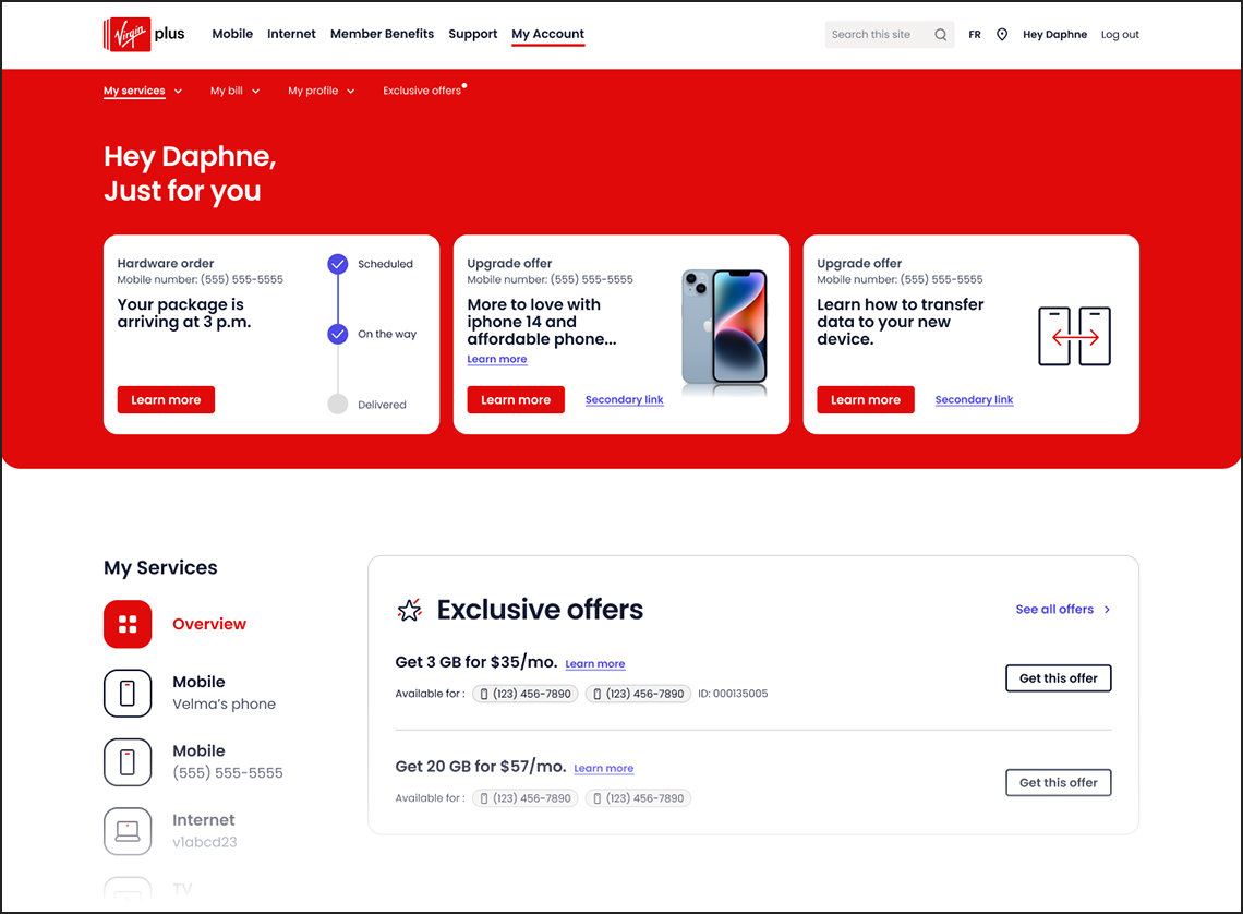 VirginPlus My Account Landing PAge detail